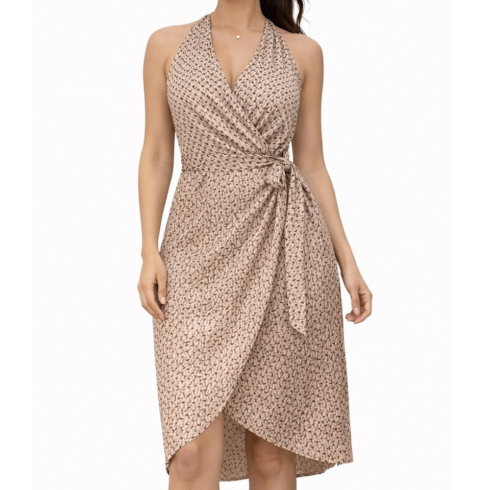 The Limited 100% Silk Halter Wrap Dress Brown Cream Geometric Print Midi Size 10
